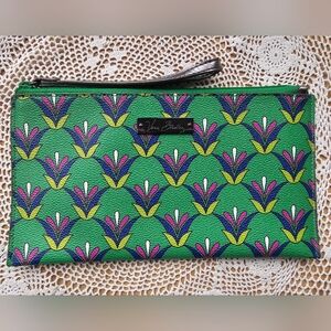 Vera Bradley Green Blue White Emerald Diamonds Slim Zip Wristlet Faux Leather